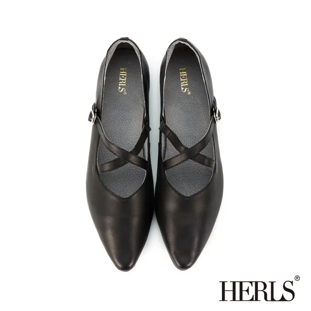 【HERLS】瑪莉珍鞋-全真皮交叉繫帶尖頭瑪莉珍平底鞋(黑色)