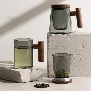 【KOTI 日安生活】日式青鈍色耐熱玻璃茶水分離泡茶杯附實木杯蓋(咖啡杯水杯玻璃杯)