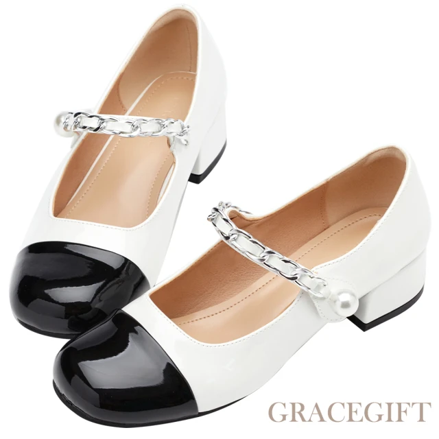 Grace Gift 復古方頭雙帶中跟芭蕾瑪莉珍鞋(黑)折扣