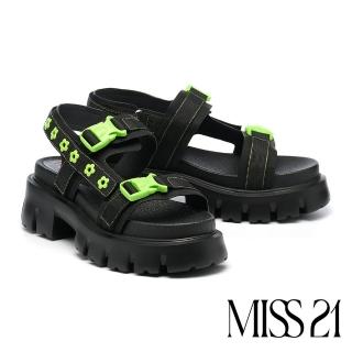 【MISS 21】敏感工裝風個性小花撞色車線魔鬼氈圓頭厚底涼鞋(綠)