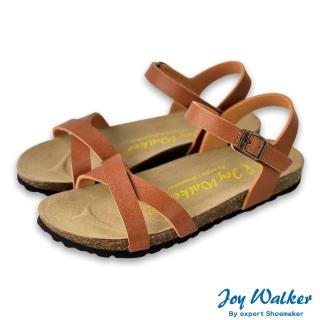【Joy Walker】交叉細帶 露趾 軟木涼鞋 駝色 女 素面平底 合成皮革 繞踝 休閒舒適 柔軟鞋墊 夏季 1547P
