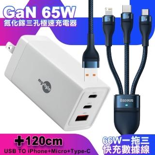 【MyStyle】65W GaN氮化鎵極速充電器-白+倍思 66W USB TO TYPE-C/Lightning/Micro快速充電線-藍(三孔1A2C)