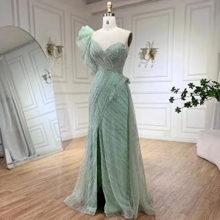 【女神婚紗禮服】輕奢立體單肩無袖心領開叉罩紗魚尾晚禮服LA72389鼠尾草綠(選美主持宴會 訂製晚禮服)