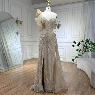 【女神婚紗禮服】輕奢立體單肩無袖心領開叉罩紗魚尾晚禮服LA72389裸膚色(選美主持宴會 拉鍊款訂製晚禮服)