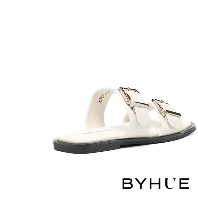 【BYHUE】率性質感方釦雙寬帶牛皮軟芯方頭平底拖鞋(白)