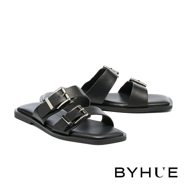 BYHUE 率性質感方釦雙寬帶牛皮軟芯方頭平底拖鞋 黑