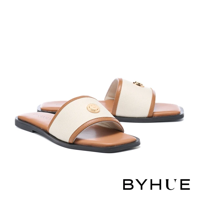 BYHUE 簡約質感撞色異材質工字寬帶軟芯低跟拖鞋(棕)好評
