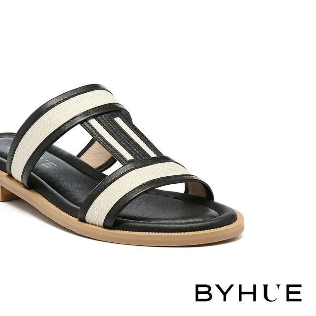 【BYHUE】簡約質感撞色異材質工字寬帶軟芯低跟拖鞋(黑)