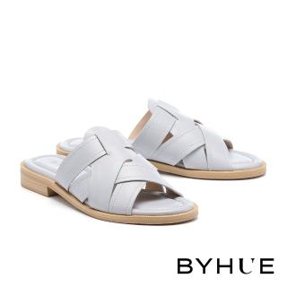 【BYHUE】簡約韓系編織寬帶全真皮軟芯低跟拖鞋(灰)