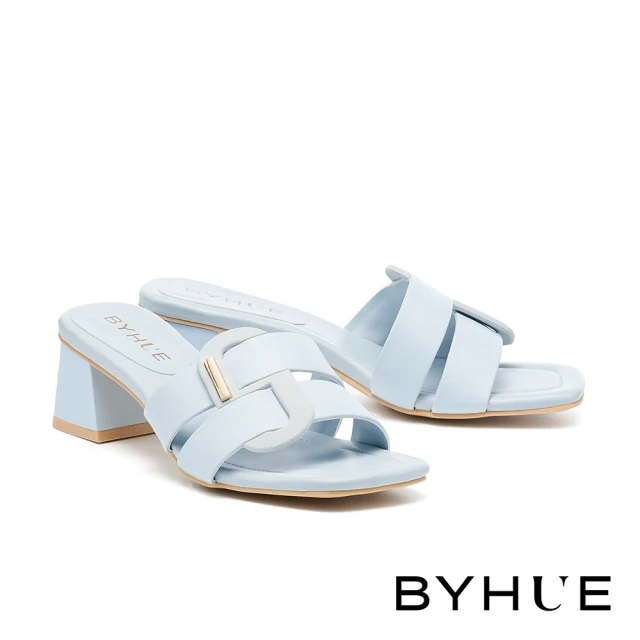 BYHUE 簡約質感撞色異材質工字寬帶軟芯低跟拖鞋(藍)優惠