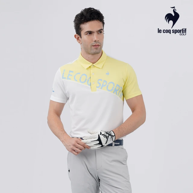 LE COQ SPORTIF 公雞 高爾夫系列 男款白色大LOGO色塊涼感防曬短袖POLO衫 QGT2T206
