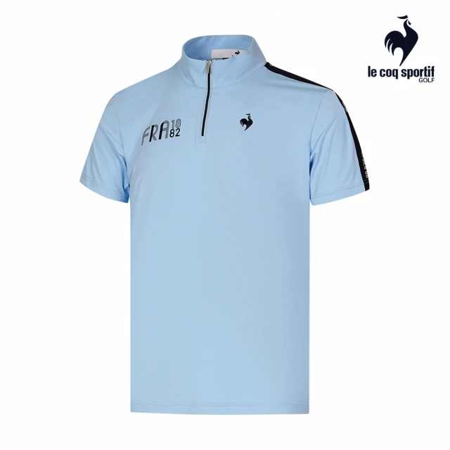LE COQ SPORTIF 公雞 高爾夫系列 男款淺藍色跳色織帶吸排涼感防曬短袖立領衫 QGT2T205