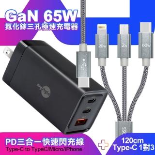 【MyStyle】65W GaN氮化鎵極速充電器-黑+CITY TypeC 1對3 PD快速閃充線三合一 120cm-灰(三孔1A2C)