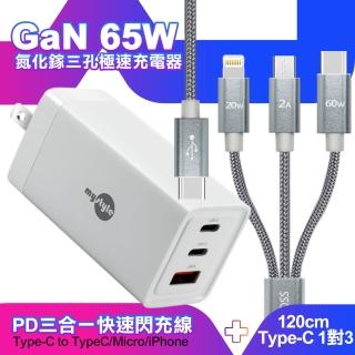 【MyStyle】65W GaN氮化鎵極速充電器-白+CITY TypeC 1對3 PD快速閃充線三合一 120cm-灰(三孔1A2C)