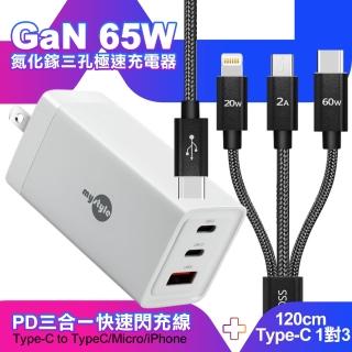 【MyStyle】65W GaN氮化鎵極速充電器-白+CITY TypeC 1對3 PD快速閃充線三合一 120cm-黑(三孔1A2C)