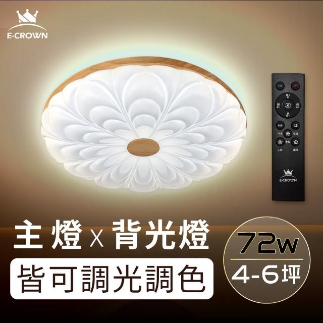 【E-CROWN】4-6坪 72W LED智慧調光吸頂燈  遙控無極調光調色 客廳燈 可調背光款(附遙控器、可調色溫色光)