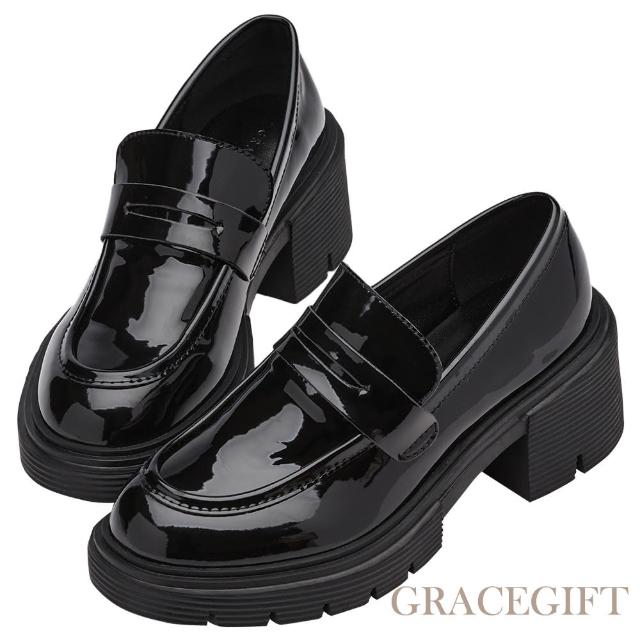 【Grace Gift】便仕設計厚底中高跟樂福鞋(黑漆)