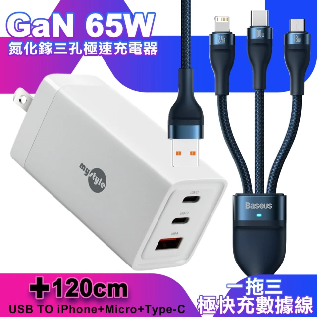 MyStyle 65W GaN氮化鎵極速充電器-白+倍思 100W USB TO TYPE-C/Lightning/Micro快速充電線-藍(1A2C)