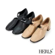 【HERLS】跟鞋-全真皮拼接造型繫帶方頭粗跟鞋(奶茶色)