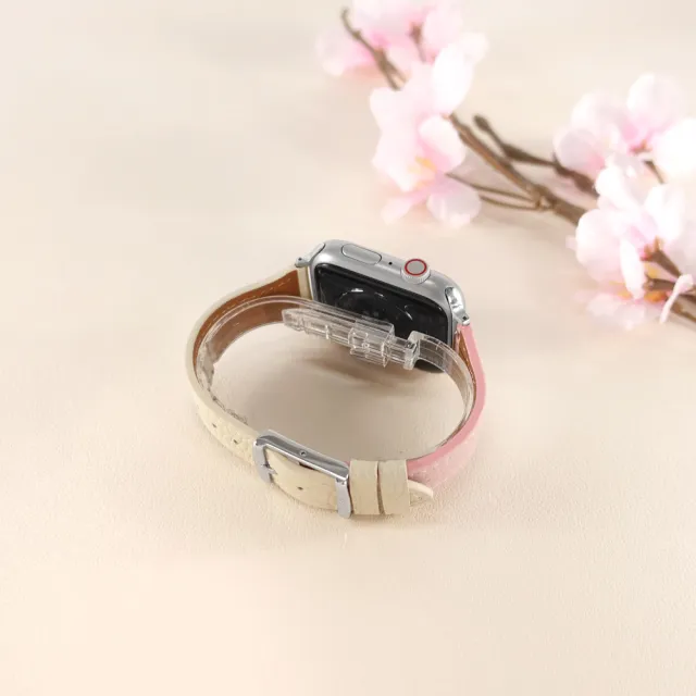 【Watchband】Apple Watch 全系列通用錶帶 蘋果手錶替用錶帶 雙色真皮錶帶(粉x米白色)