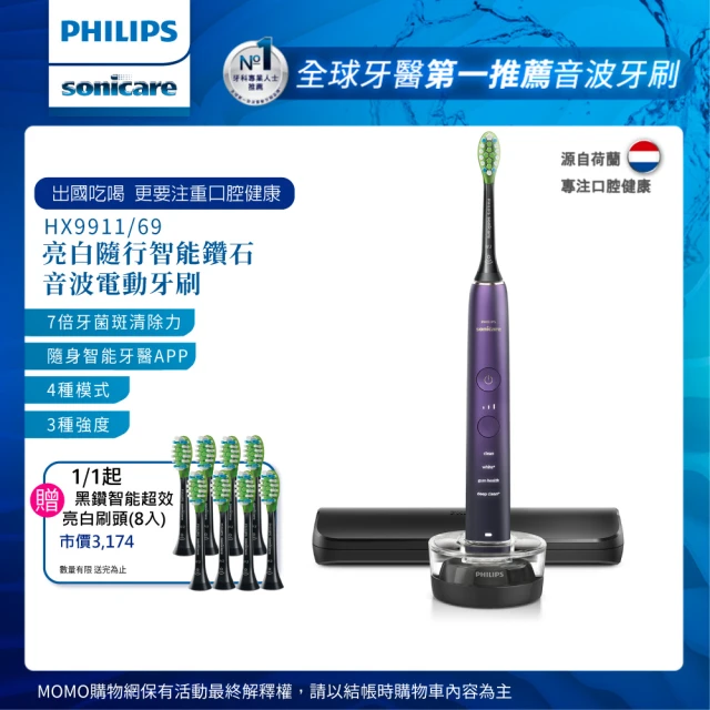 Philips 飛利浦Philips 飛利浦 Sonicare亮白隨行智能鑽石音波電動牙刷 HX9911/69 (紫鑽)
