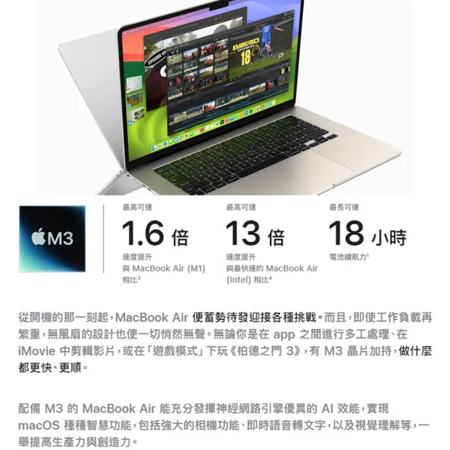 【Apple】MacBook Air 15.3吋 M3 晶片 8核心CPU 與 10核心GPU 8G 512G SSD