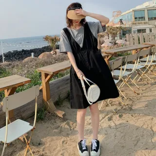 【UniStyle】假兩件短袖洋裝 韓系撞色拼接連身裙 女 ZM166-2371(黑)