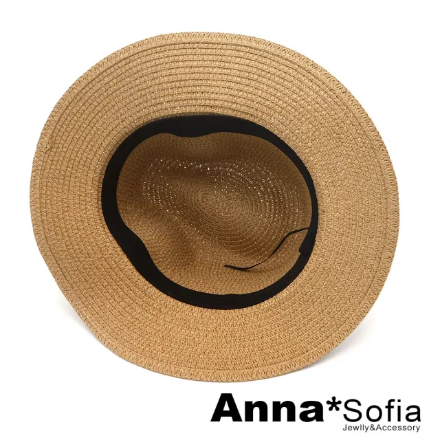 【AnnaSofia】買一送一久等禮 遮陽帽防曬帽網美渡假草帽海灘帽紳士帽爵士帽-色調織帶 現貨(駝系)