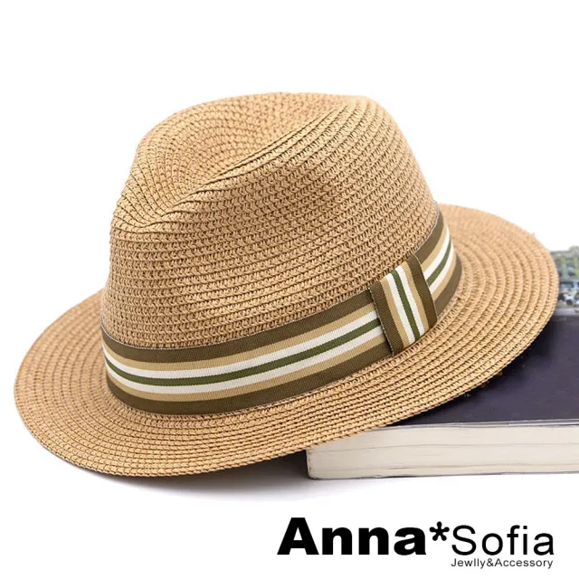 【AnnaSofia】買一送一久等禮 遮陽帽防曬帽網美渡假草帽海灘帽紳士帽爵士帽-色調織帶 現貨(駝系)