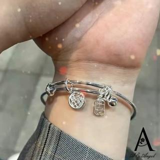 【ANGEL】福字鈴鐺吊飾開口可伸縮式手環(銀色)