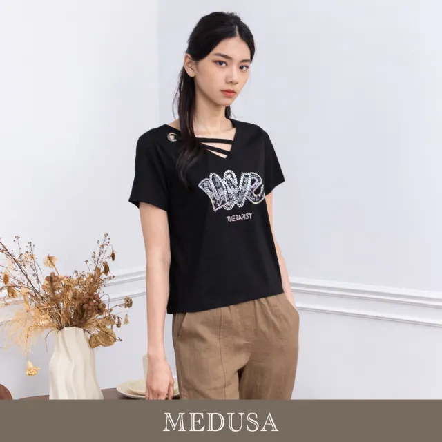 【MEDUSA 曼度莎】現貨-LOVE 鑽飾線條造型T恤（M-XL）｜女休閒上衣 短袖上衣(301-52001)