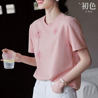 【初色】休閒風刺繡圓領短袖T恤上衣女上衣-粉色-34537(M-3XL可選)
