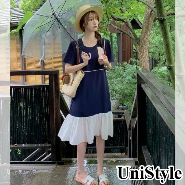 【UniStyle】簡約短袖洋裝 韓系撞色拼接顯瘦連身裙 女 ZMC170-1996(藏藍)