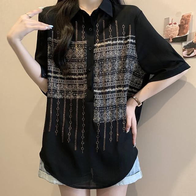 【麗質達人】7078黑色雪紡短袖上衣LY(L-5XL)