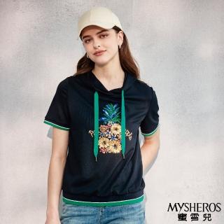 【MYSHEROS 蜜雪兒】連帽拉繩造型上衣 撞色邊條 細緻亮片刺繡裝飾(丈青)