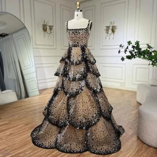 【女神婚紗禮服】極致撞色樹葡萄亮片蛋糕裙晚宴長禮服LA72505黑邊透膚色(選美宴會敬酒 拉鍊款高階晚禮服)
