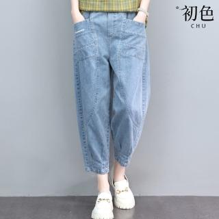 【初色】復古風顯瘦拼接刺繡牛仔休閒寬褲九分長褲-共2色-33887(M-2XL可選)