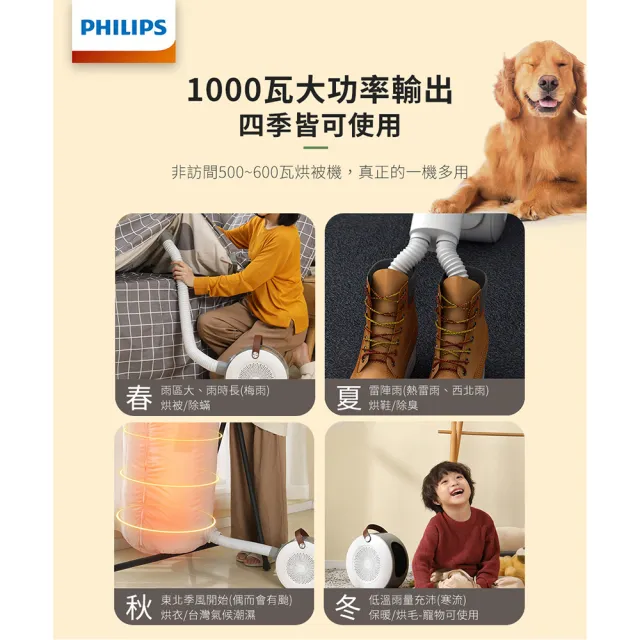 【Philips 飛利浦】多功能 1000W 烘鞋 烘被 烘衣 暖風機/陶磁電暖器(AHR3124FM)