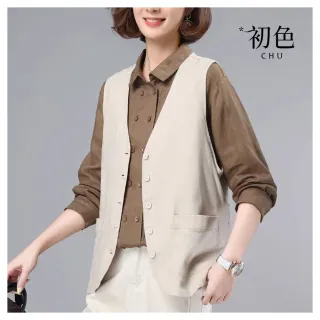 【初色】棉麻風純色V領無袖單排釦口袋短款背心外套女外套-共3色-33790(M-2XL可選)