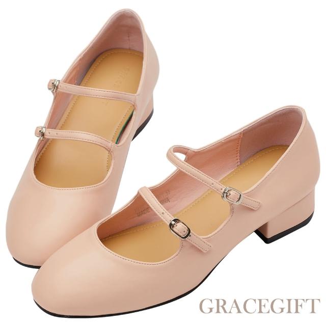 【Grace Gift】雙帶瑪莉珍低跟芭蕾舞鞋(粉橘)