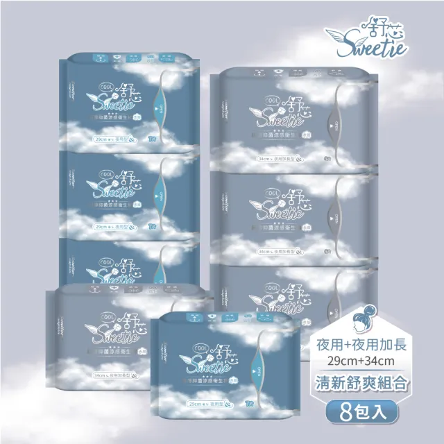 【Sweetie舒芯】Cool 超薄涼感抑菌衛生棉 4+4包(15.5cm/24.5cm/29cm/34cm)
