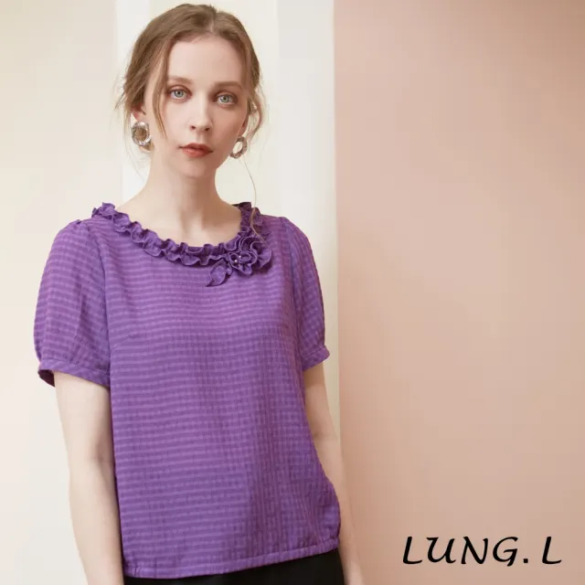 【LUNG.L 林佳樺】LN87A紫色小格紋領口滾荷葉短袖女裝上衣(春夏新品)