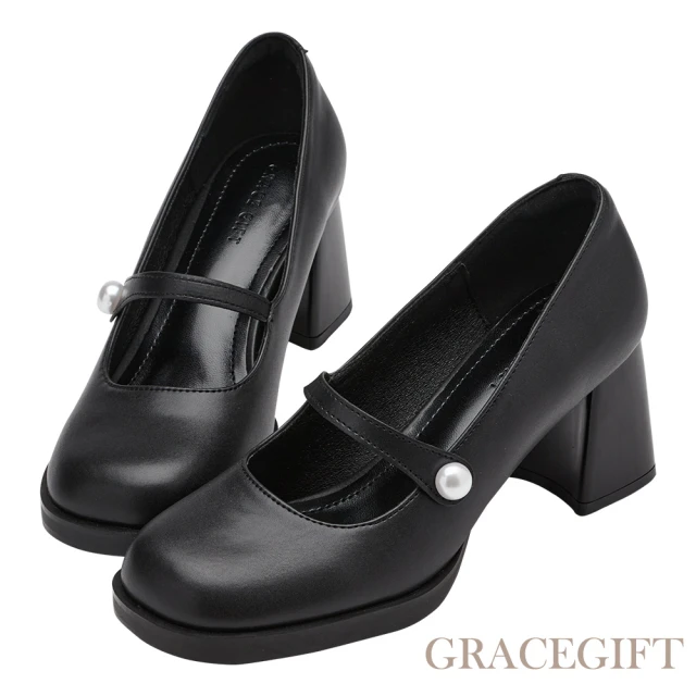 Grace Gift 時尚圓頭珍珠中高跟瑪莉珍芭蕾舞鞋(黑)