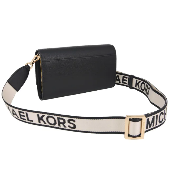 【Michael Kors】JET SET ITEM系列 牛皮皮革 金字LOGO MK WOC 寬背帶 斜背包(經典黑)