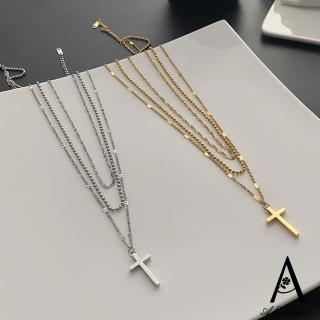 【ANGEL】極簡十字架韓風鈦鋼三層項鍊(2色可選)
