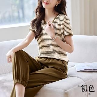 【初色】V領條紋休閒短袖T恤上衣+素色百搭寬鬆鬆緊高腰寬褲長褲套裝-咖啡色-34066(M-2XL可選)