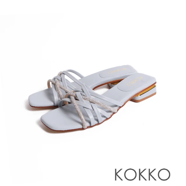 KOKKO 集團 閃亮輕奢水鑽柔軟綿羊皮涼拖鞋(淺藍色)