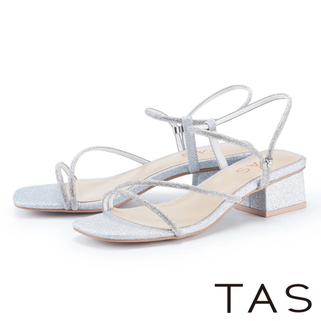 TASTAS 氣質細緻鑽條粗跟涼鞋(銀色)