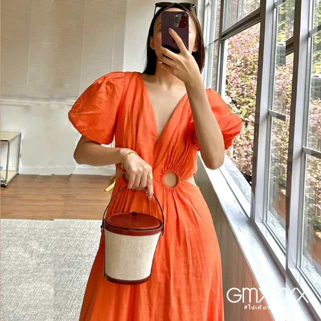 【Gmxxxx】橘橙色摟空泡泡袖度假長洋裝(度假長洋裝)