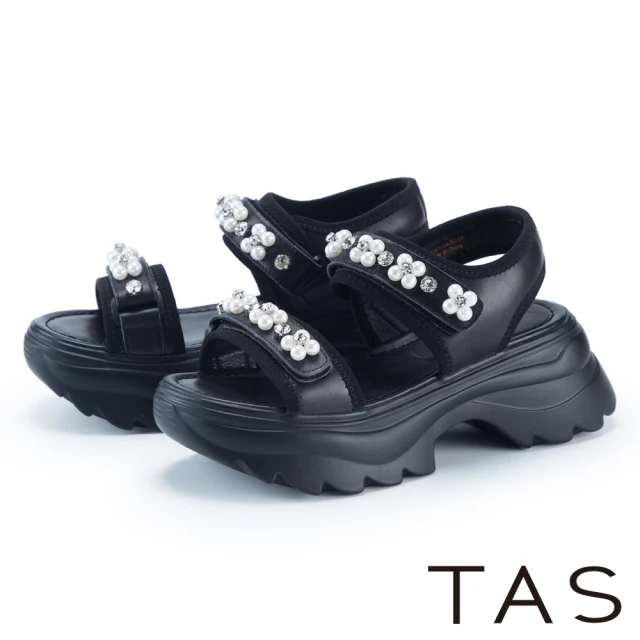 TAS 珍珠鑽飾雙帶真皮厚底涼鞋(黑色)